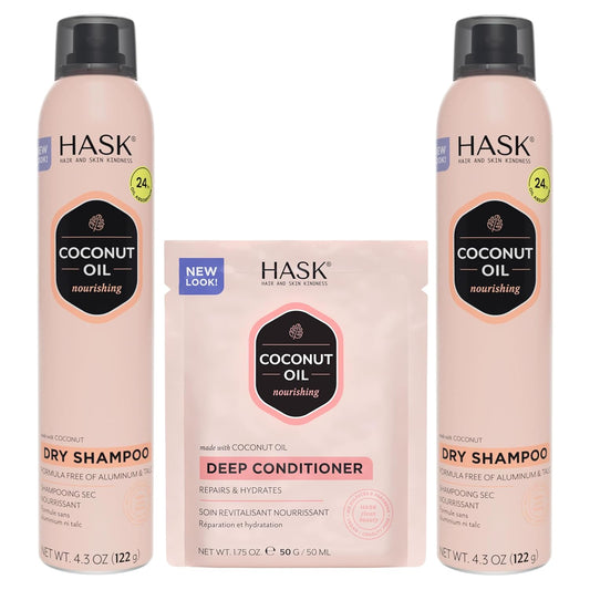 HASK Dry Shampoo Duo (4.3oz-Qty 2) & Deep Conditioner Packette, Aluminum-Free, Sulfate-Free, Paraben-Free, Color Safe, for All Hair Types (Coconut)