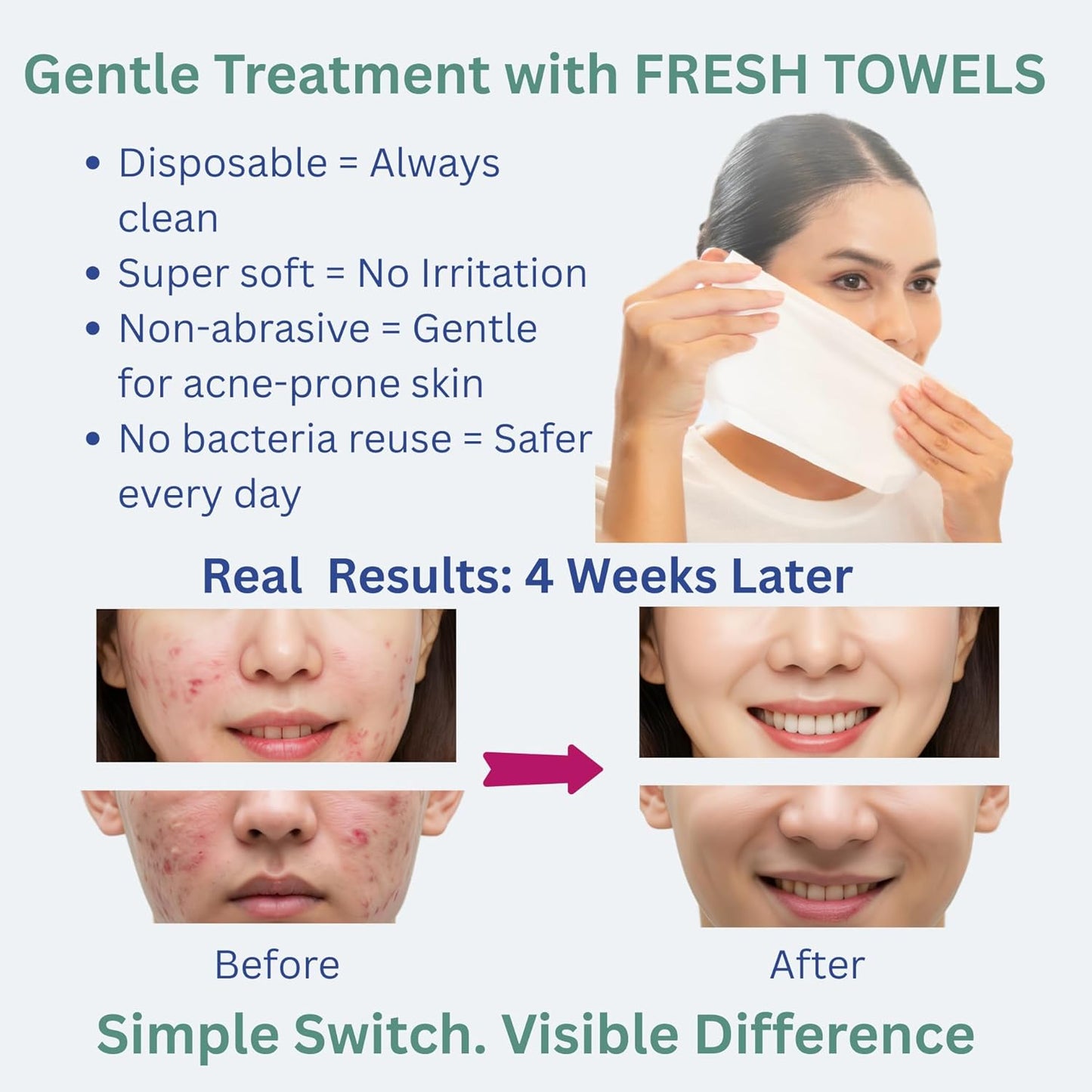FRESH TOWELS Disposable Face Towels, Makeup Removal Face Towelettes & Dry Wipes, 150 Ct, 3 Packs