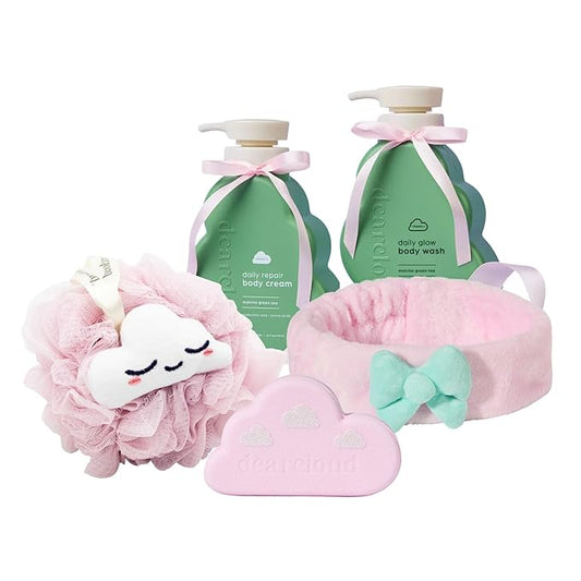 Pretty in Pink Spa Set – Body Care Kit with Lotion, Wash, Bath Bomb, Loofah & Headband - Self Care Set for Women, Relaxing Bath & Skincare Bundle