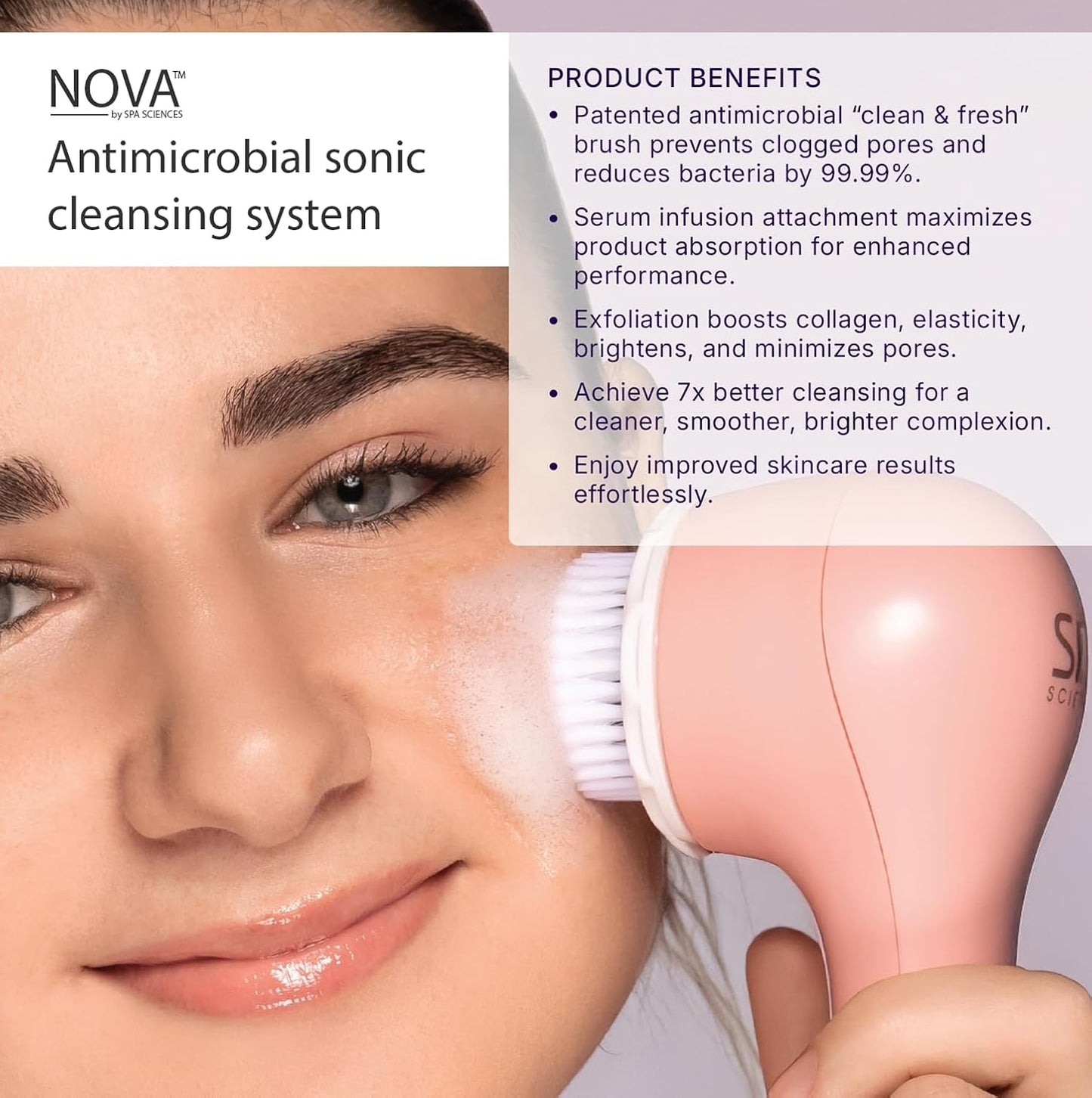 Spa Sciences - NOVA - Sonic Cleansing Brush with Bristles & Infusion System – Anti-Aging Facial Exfoliating, Waterproof, and USB Rechargeable