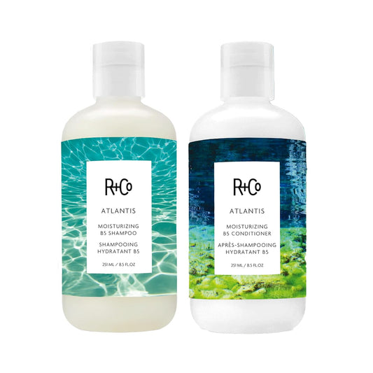 R+Co Atlantis Moisturizing B5 Shampoo & Conditioner Set + Deluxe Sample (0.5oz) | Deep Hydration & Repair for Dry Hair | Vegan + Cruelty-Free | 8.5oz (Pack of 2)