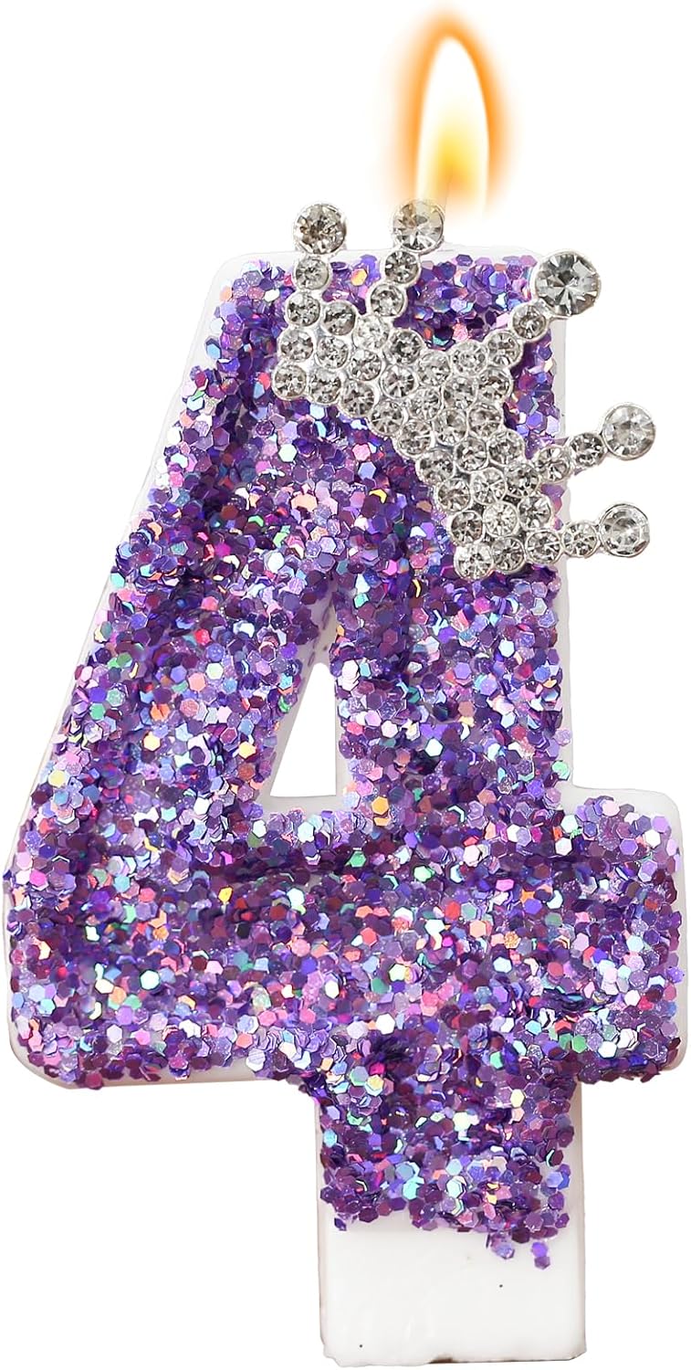 Birthday Number Candles,Purple Crown Birthday Candles for Cake,Glitter Number 4 Candle Cake Topper with Sequins for Anniversary Celebrations Supplies (Number 4)