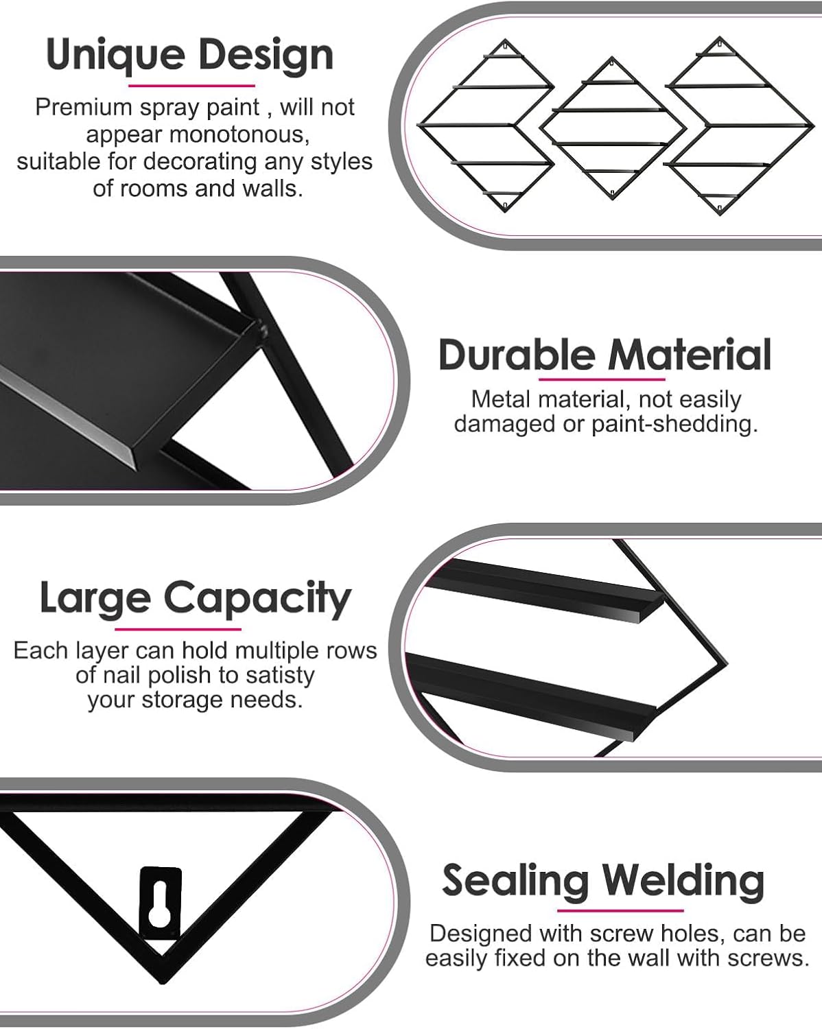 EBANKU Metal Wall Mounted Nail Polish Storage Racks, Black Display Rack Cosmetic Display Case Lipstick Wall Shelf Essential Oil Organizer for Bottles Spa Nail Salon (Irregular Rhomboid)