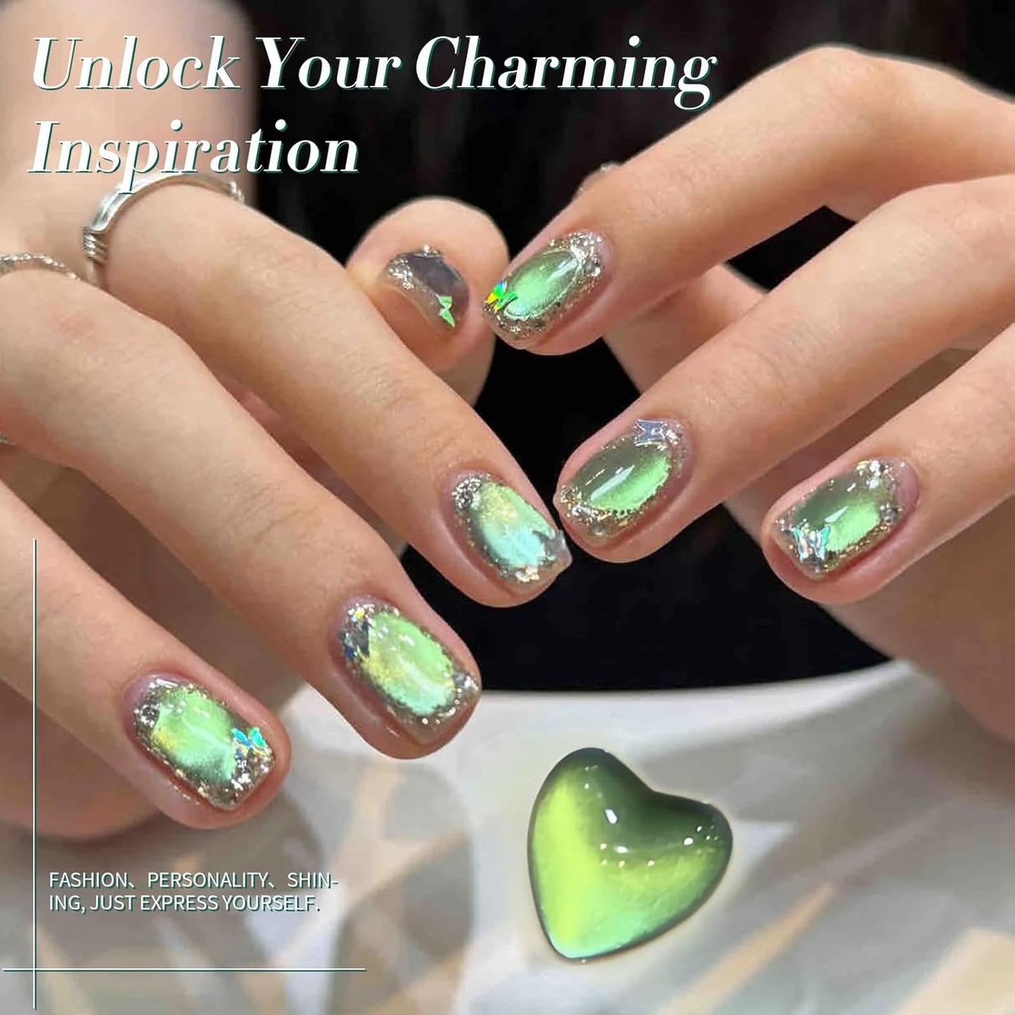 Born Pretty Cat Magnetic Gel Nail Polish, Green Gel Polish Crystal Cat Holographic Magnetic Nail Polish Nail Art Manicure Salon DIY at Home 15ML