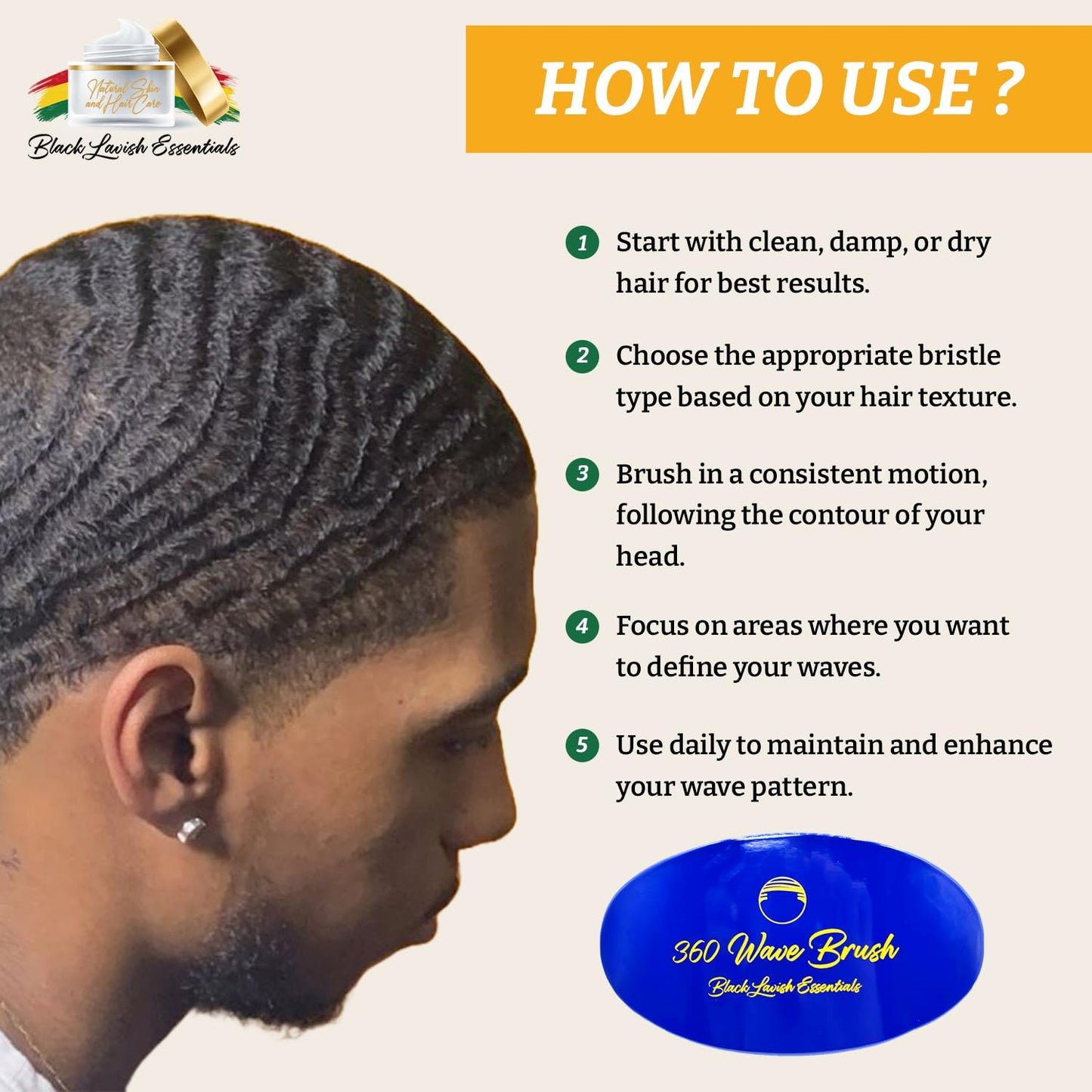 360 Wave Brush, Build Deeper Waves, Soft & Hard Boar Bristle Curved Brush BLACK LAVISH ESSENTIALS (Soft, Blue)