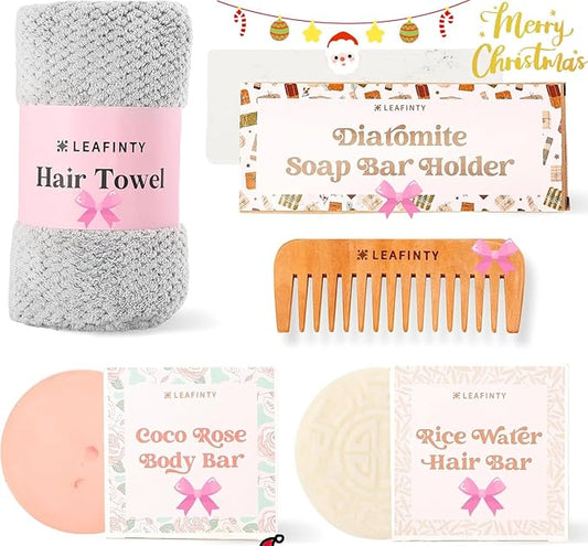 Bath Set for Women Christmas Beauty Spa Relaxation Kit: Includes Rice Shampoo Bar, Body Wash Bar, Soap Bar Holder, Wide-Tooth Hair Comb, and Microfiber Hair Towel – Perfect Bath Xmas Gifts for Women