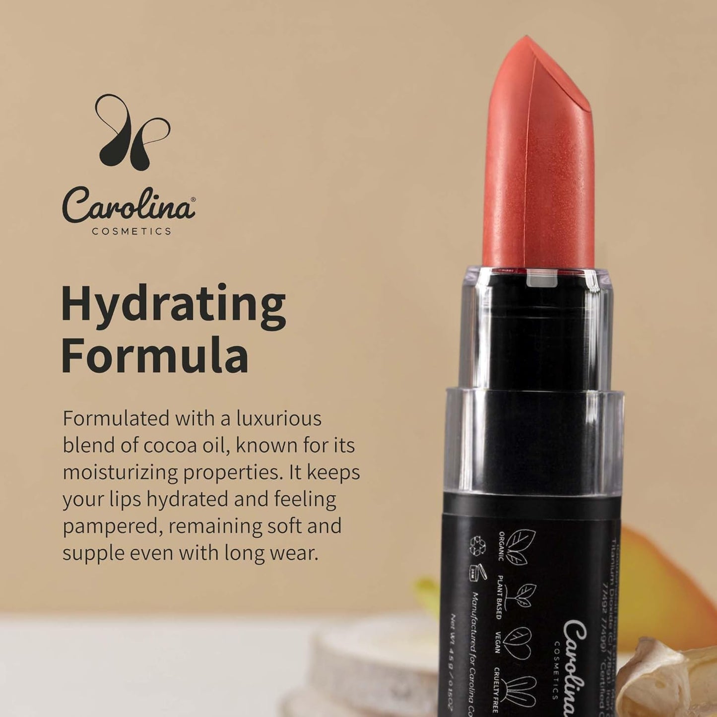 Carolina COSMETICS - Plant-Based Moisturizing Lipstick - Scarlet Shade 0.15oz- Hydrating with Cocoa Oil, Gluten-Free, Vegan, Non-GMO, Paraben-Free - Lightweight Cream Texture