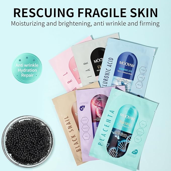 Face Masks Skincare Set for Women,Moisturizing Collagen Facial Masks,Hydrating Hyaluronic Acid Face Mask,Snail Face Mask for All Skin Types,Dry Skin,Oil Skin,Sensitive Skin (6Pack)