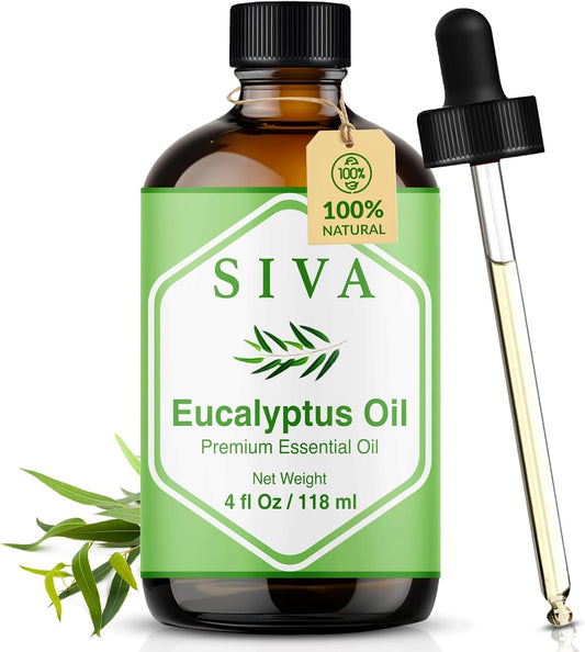 Siva Eucalyptus Essential Oil - 4 Fl Oz – 100% Natural Eucalyptus Oil - for Diffuser, Face, Skin Care, Aromatherapy, Hair Care, Scalp and Body Massage - with Dropper