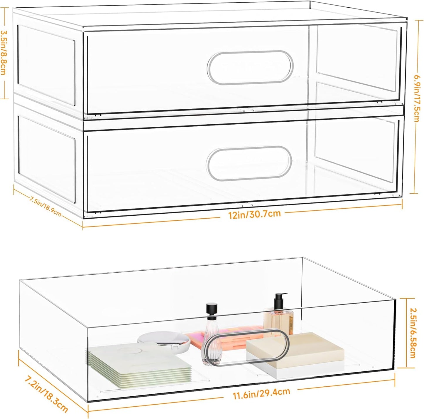 Clear Stackable Makeup Organizer with Drawer, 12''W Acrylic Storage Drawers, Cosmetic Display Case for Vanity Bathroom Countertop, Beauty Holder for Lipstick Brush Skincare Perfume (3 Tier)