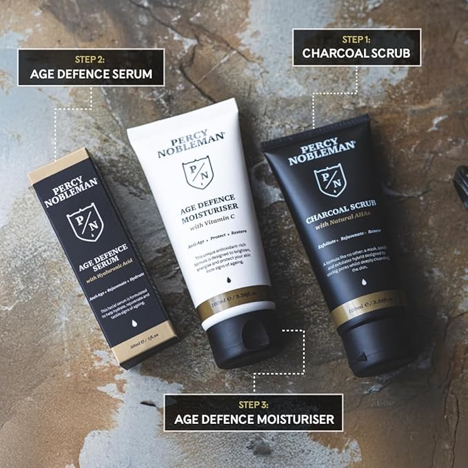 Age Defence Kit, a men's skincare set containing Charcoal Face Scrub (with Natural AHAs), ultra-hydrating Facial Serum (with Hyaluronic Acid), and Moisturiser (with Vitamin C)