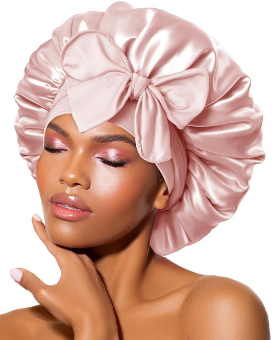 BONNET QUEEN Silk Bonnet for Sleeping Women Satin Bonnet Night Sleep Cap Wrap for Curly Hair with Adjustable Tie Band, Single Layer, Cream Pink