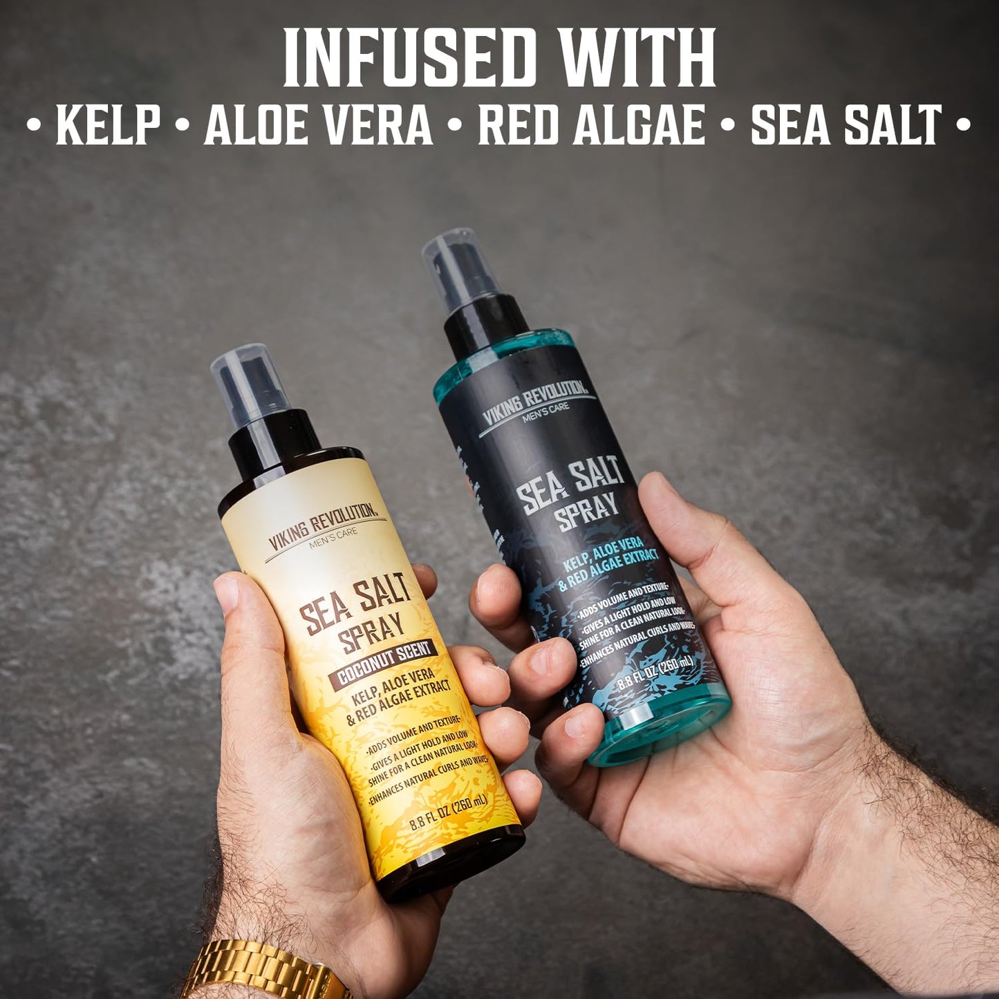Viking Revolution Sea Salt Spray for Hair Men - Hair Texturizing Spray with Kelp, Aloe Vera and Red Algae Extract to Add Volume and Texture - Ocean Breeze and Coconut Scent, 8.8oz each