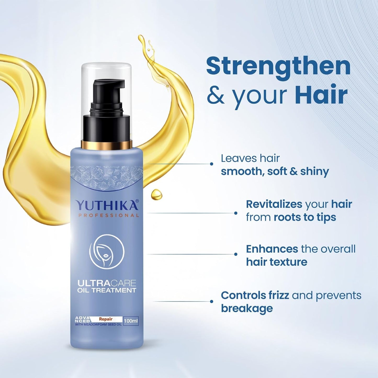 Yuthika Professional Ultracare Advanced Hair Repair Oil For Dry Damaged Hair With Meadowfoam Seeds |Hair Oil for Frizzy Hair| Promote Hydration for Thick & Strong Hair for Women & Men - 3.3 FL Oz