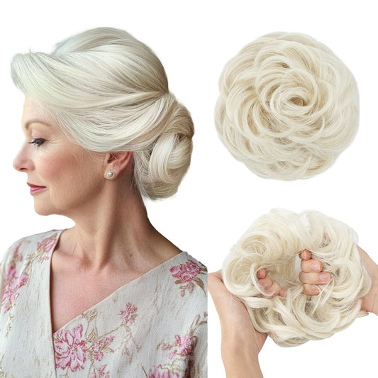 CJL HAIR Large Messy Bun Hair Piece Wavy Curly Scrunchies Synthetic Chignon Ponytail Hair Extensions Thick Updo Hairpieces for Women Platin Blonde