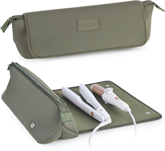 BAREFOOT CARIBOU Hair Tools Travel Bag and Heat Resistant Mat for Flat Irons, Straighteners, Curling Iron, and Haircare Accessories, 2-in-1 design, with Interior Pockets, Portable Organizer