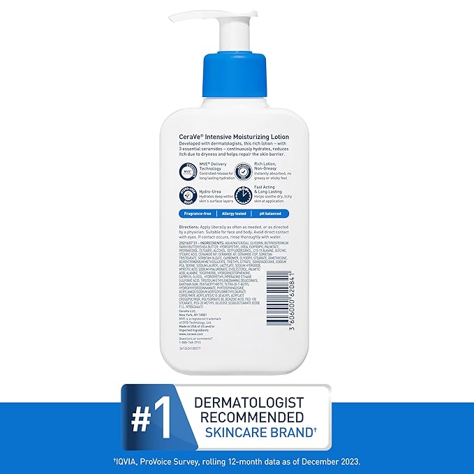 CeraVe Intensive Moisturizing Lotion, Hydro-Urea + Shea Butter, Body Lotion For Dry Skin, Relieves Signs Of Extra Dry Skin, Non Greasy Hydrating Cream For Rough, Tight, Red & Itchy Skin, 16oz