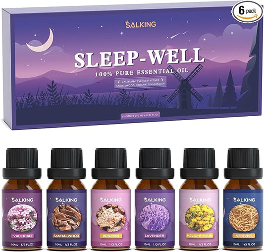 SALKING Sleep Essential Oils Set, Pure and Natural Essential Oils, Fragrance Oil Scented Oils for Oil Diffusers 6 x 10 ML - Lavender, Vetiver, Sandalwood, Valerian, Helichrysum, Benzoin…