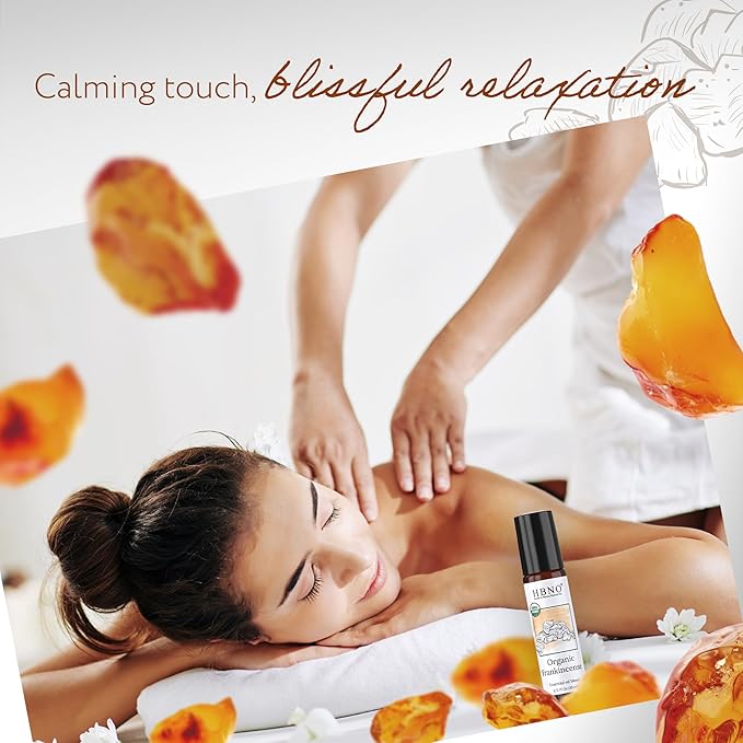 HBNO Organic Frankincense Essential Oil Roll-On - 1/3 oz (10 ml) Travel Size - USDA Certified Organic Frankincense and Mct Oils - Perfect for Traveling, Aromatherapy, Massage, perfumes, moisturizer.