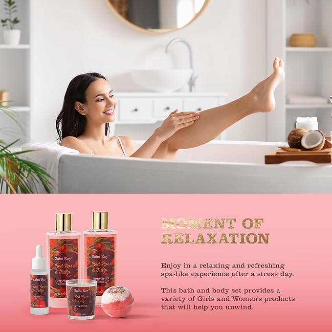 spa kit Gifts for Her Mother's Day Bath Spa Gift Set Red Rose & Tulip Spa Basket Kits for Women, Contains Body Oil, Body Lotion, Salt, self care baskets for women gift Mother's Day Gift for Mom