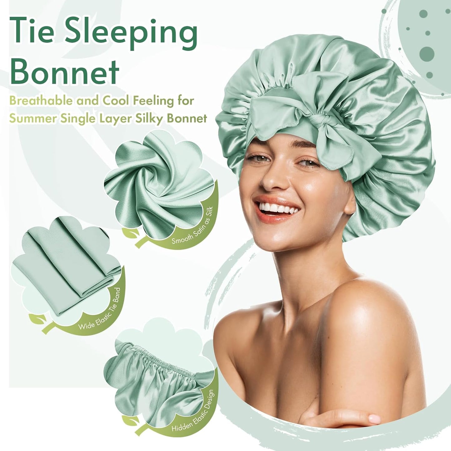 BONNET QUEEN Silk Bonnet for Sleeping Women Satin Bonnet Night Sleep Cap Wrap for Curly Hair with Adjustable Tie Band, Single Layer, Sage