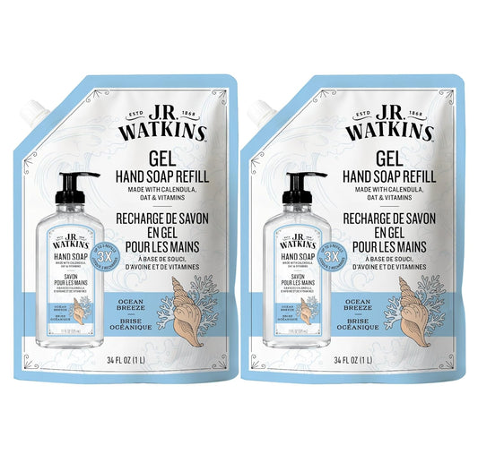J.R. Watkins Gel Hand Soap Refill, Moisturizing Hand Wash, Formulated with Plant-Based Cleansers, Alcohol-Free, Cruelty-Free, Ocean Breeze, 34 Fl Oz, 2 Pack