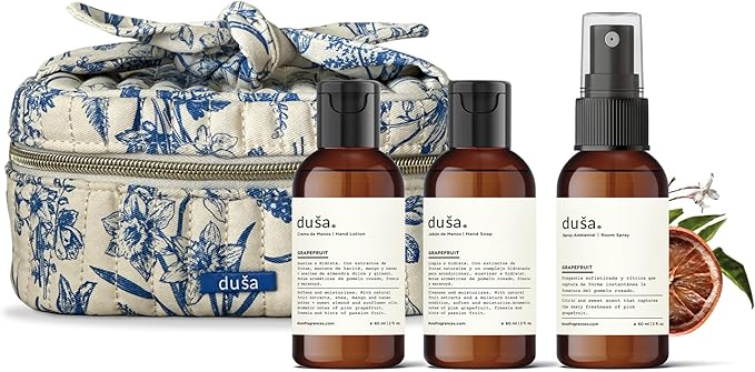 Dusa Grapefruit Gift Set: Room Spray Grapefruit Fragrance (2 oz), Premium Hydrating Hand Cream (2 oz), Soothing Hand Soap & Toile de Jouy Makeup Pouch – Ideal Luxurious Gift for Mothers Day