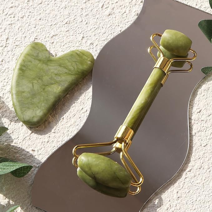 2 Pack – Gua Sha Facial Tools & Jade Roller Set, for Face & Body, Face Sculpting, Jade Face Roller & Face Massager to Reduce Puffiness, Wrinkles, Self-Care Gift for Women & Men
