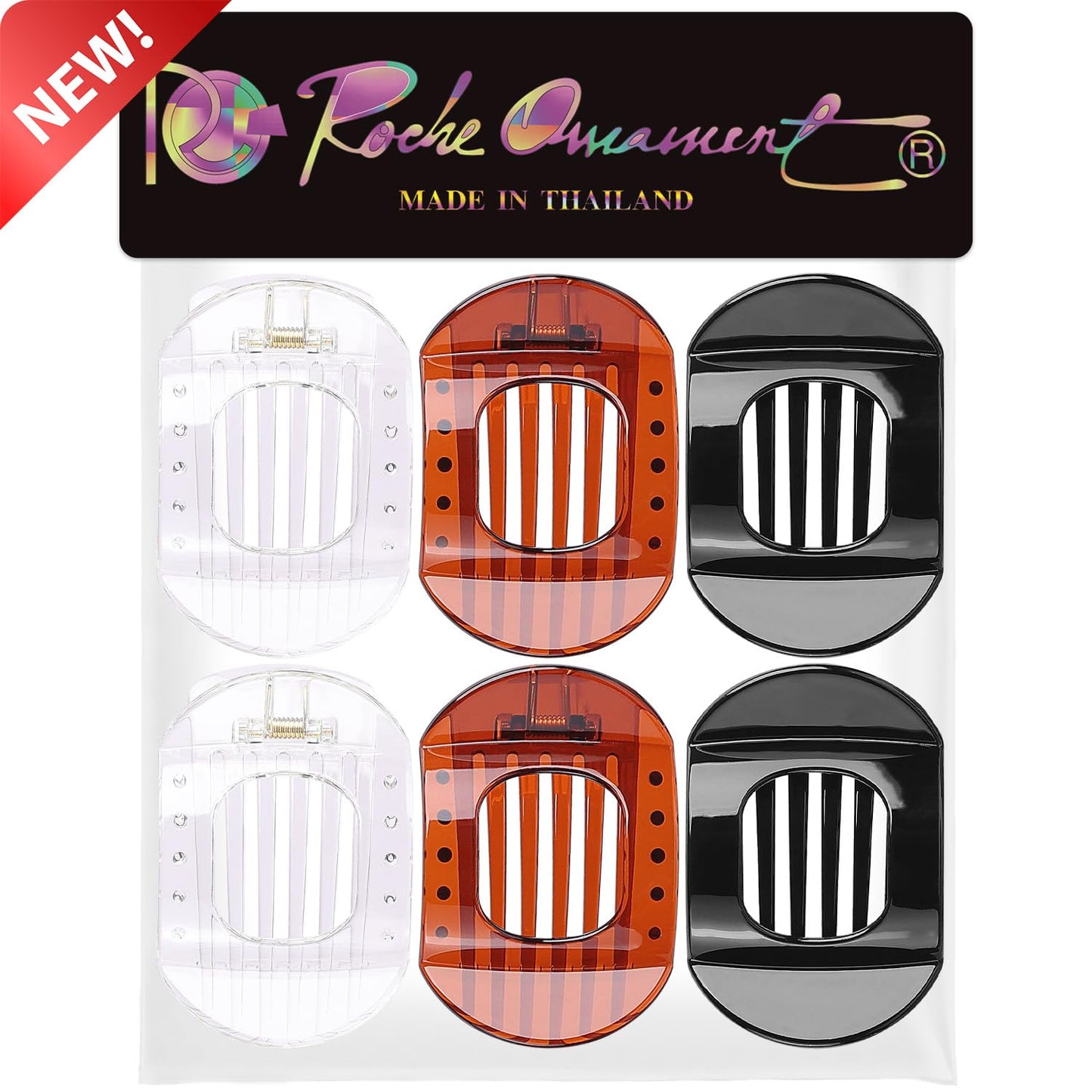 RC ROCHE 6 Pcs Flat Claw Hair Clips for Women Thick Hair French Round Duckbill Square Secure Strong Hold Grip Clamps Barrettes Curved No Slip No Crease Styling Cute, Medium Black, Brown & Transparent