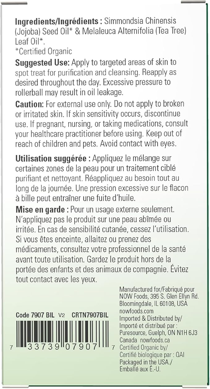 NOW Foods Essential Oils, Tea Tree Roll-On, Certified Organic, Purifying Blend, Steam Distilled, Topical Aromatherapy, 10-mL