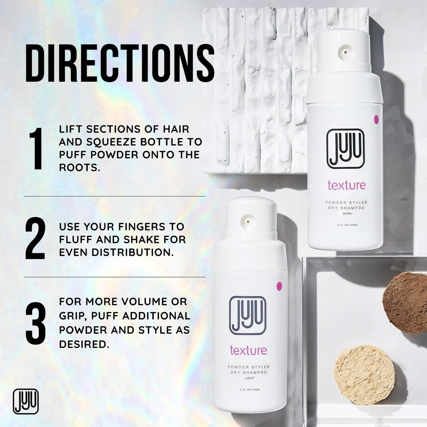 Juju Styling Texture Powder & Travel Size Dry Shampoo for Women & Men Pump 2 Oz (Dark) - Non Aerosol Dry Shampoo for Women, Hair Texturizer for Volume, Fragrance Free Hair Care for All Types of Hairs