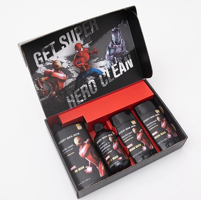 Every Man Jack Iron Man Body Set - Perfect for Every Guy & Marvel-Lover - Bath and Body Marvel Gift Set with Clean Ingredients & Incredible Scents - Includes Body Wash, Shampoo & Deodorant 2-Pack