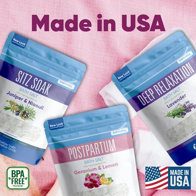 Postpartum Bath Bundle (3 Pack of 2 Lbs Total 6 Lbs with Scoop) Soothing Soaks with Sitz Salt and Deep Relaxation Bath Salt with Natural Pure Essential Oils in BPA Free Pouch Made in USA