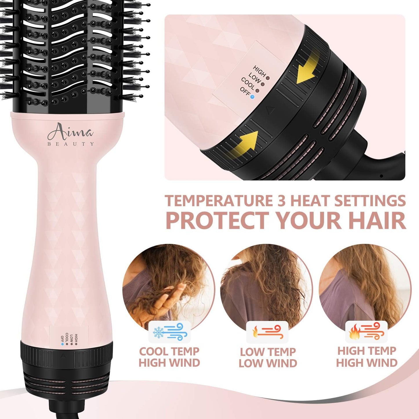 Aima Beauty One-Step Volumizer Hair Dryer Brush, 4-in-1 Upgrade Hot Air Brush for Less Frizz, More Shine, Oval Brush for Blowout, Pink