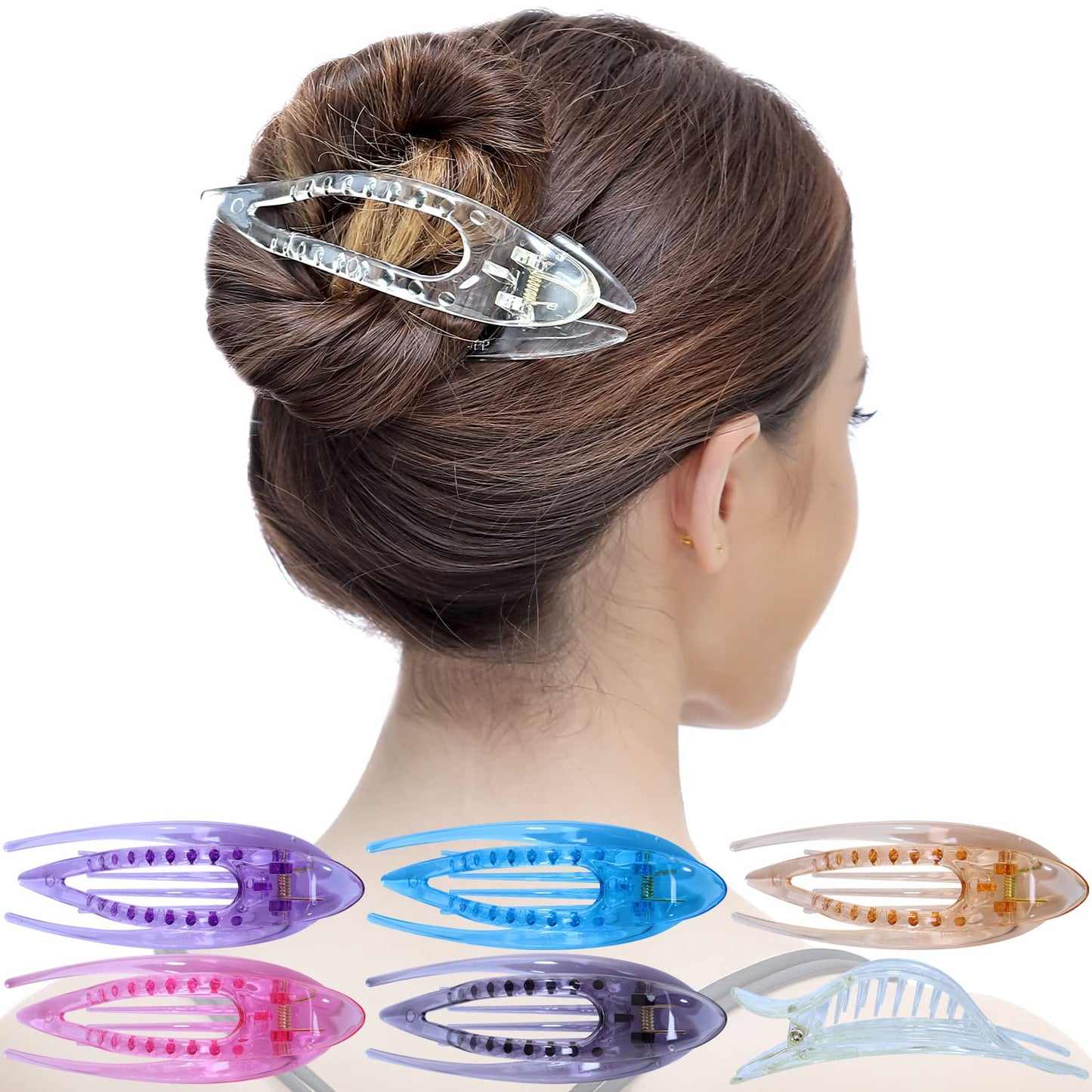 RC ROCHE 6 Pcs Flat Hair Clips Big Claw for Thick Hair French Duckbill Women No Slip Side Slide Curved Alligator Concord Strong Grip Hold Volume Lay Down Clamp, Small Transparent