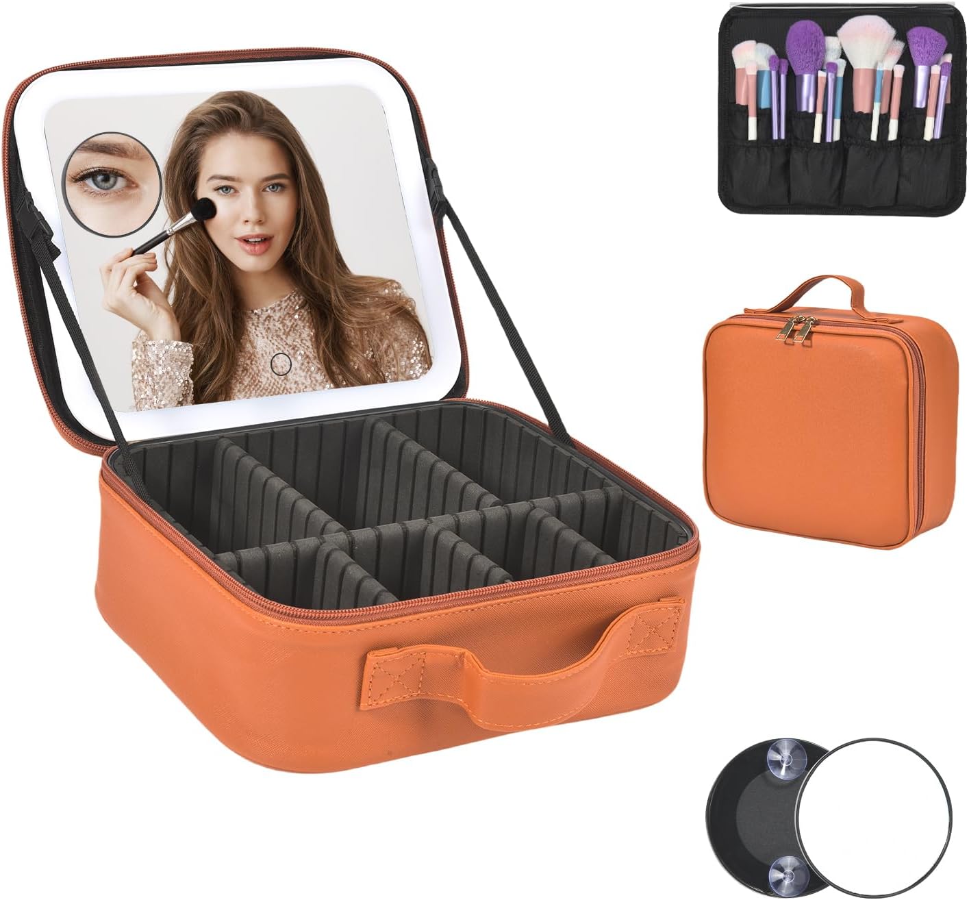 Travel Makeup Bag With LED Mirror,Cosmetic Train Case with 3 Color Setting,Cosmetic Makeup Organizer Bag with Adjustable Dividers,Portable Make up Box with Make up Brushes Holder Storage（Caramel）