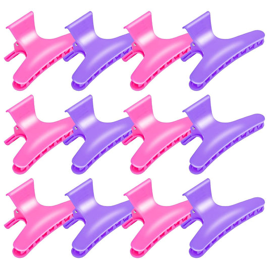 Hair Clips for Styling Sectioning 12 Pack Hot Pink Purple Butterfly Clamps Hair Claw Clips Pro Salon Hair Clips for Styling, Sectioning, Cutting and Coloring