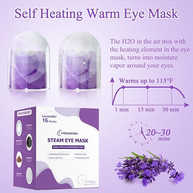 16 Packs Steam Eye Mask, Heated Eye Mask for Sleeping, Warm Compress for Eyes, Self Heating Disposal Eye Mask Comfortable Sleep Mask for Home, Office, Spa, Travel Essentials (Lavender)