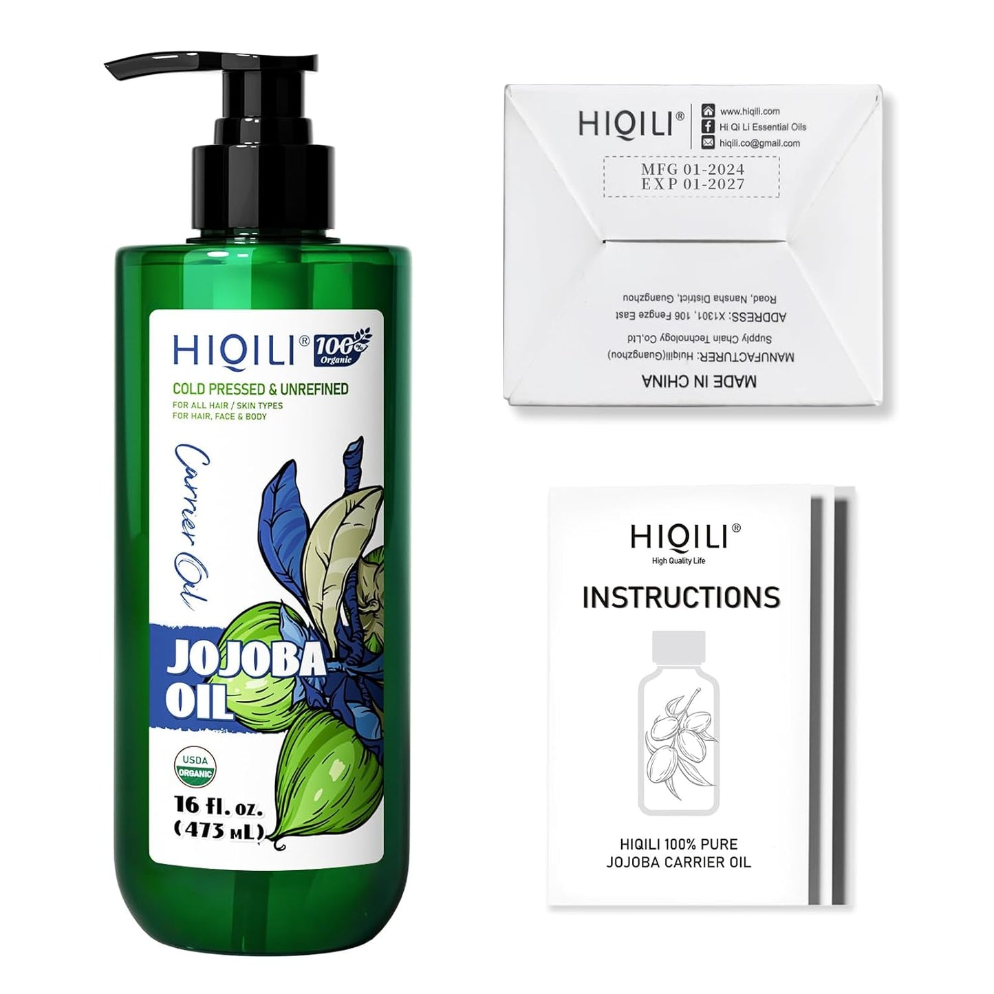 HIQILI 473ML Jojoba Oil Organic for Hair Growth, Skin, Face, Nails, 100% Pure Cold Pressed, Carrier Oil for Essential Oils Mixing, Included Roller Bottle - 16 Fl Oz