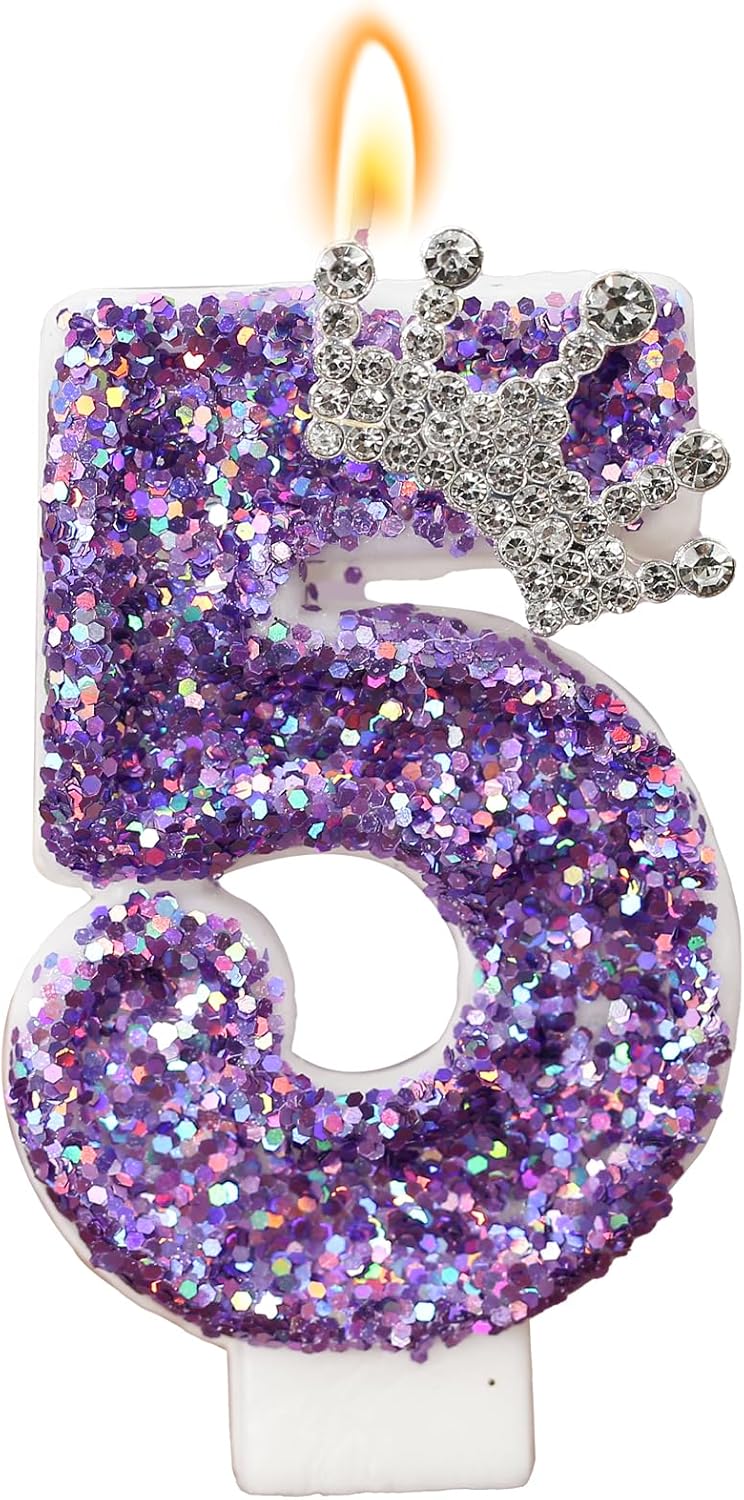 Birthday Number Candles,Purple Crown Birthday Candles for Cake,Glitter Number 5 Candle Cake Topper with Sequins for Anniversary Celebrations Supplies (Number 5)