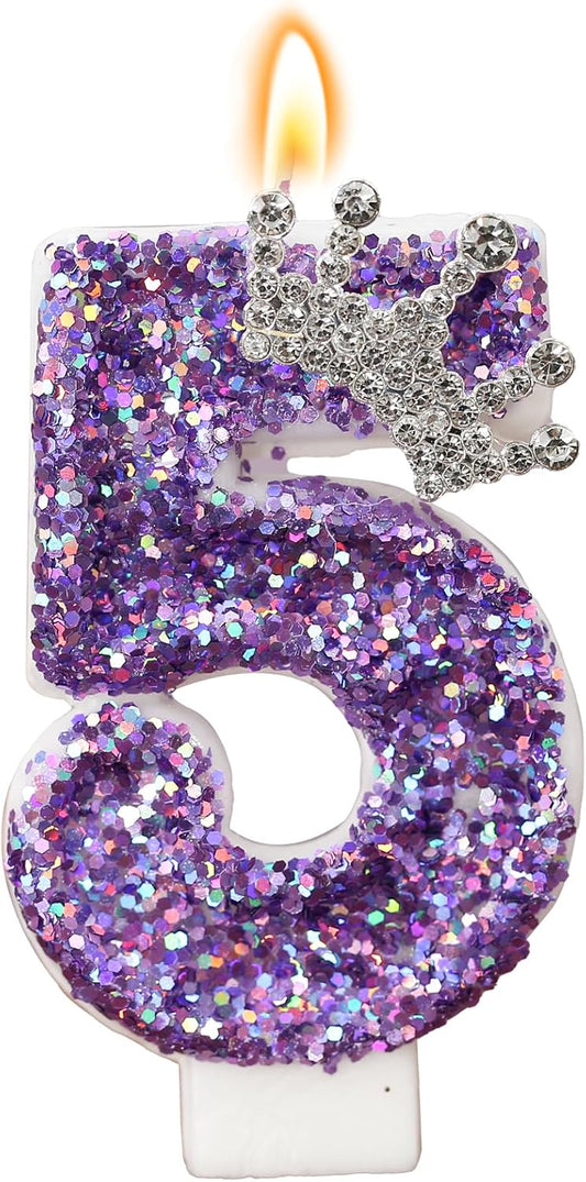 Birthday Number Candles,Purple Crown Birthday Candles for Cake,Glitter Number 5 Candle Cake Topper with Sequins for Anniversary Celebrations Supplies (Number 5)