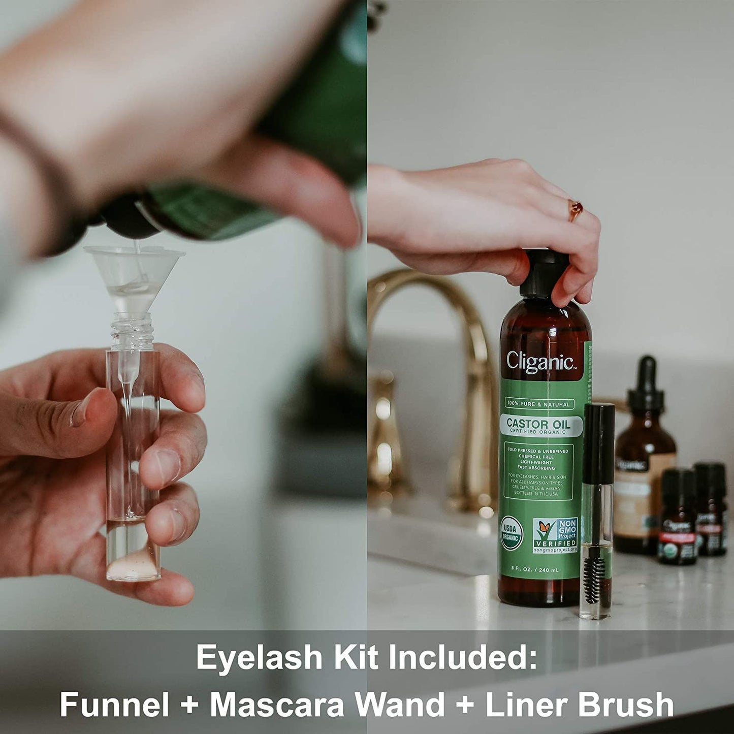 Cliganic Organic Castor Oil, 100% Pure (6oz with Eyelash Kit) - For Eyelashes, Eyebrows, Hair & Skin