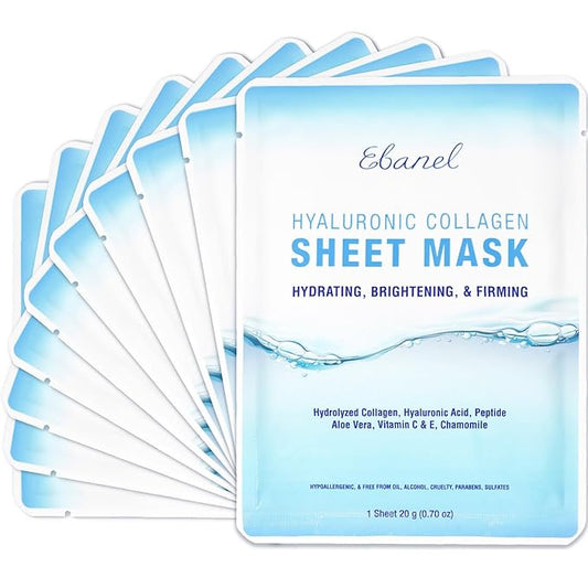 Ebanel 10 Pack Collagen Peptide Hydrating Face Masks, Instant Brightening Firming Anti Aging Face Sheet Masks, Moisturizing Spa Facial Mask Skincare with Hyaluronic Acid, Vitamin C, Chamomile, Aloe