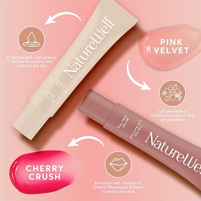 NATURE WELL Tinted Lip Butter Variety Pack, Shear & Subtle Tinted Moisturizing Balms, Vanilla Scented, Lightweight & Non-Greasy, Vitamin E, Shea, & Murumuru Butters, 0.50 Oz Each (Pack of 4)