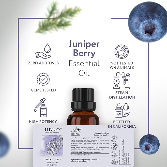 HBNO California Bottled Juniper Berry Essential Oil 1 fl oz (30ml) Travel Size - Natural Juniper Berry Oil - Perfect for Cleaning, Aromatherapy, DIY, Soap, fragrances & Diffuser