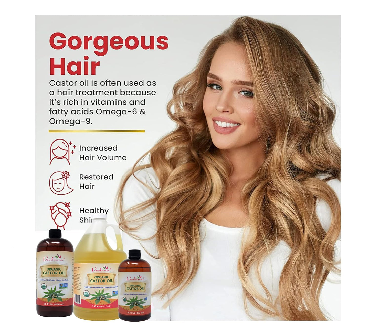 Verdana Organic Castor Oil 1 Gallon (128 fl oz) – USDA Certified Organic, Cold Pressed, Hexane-Free – For Hair, Eyelashes, Skin & Castor Oil Packs