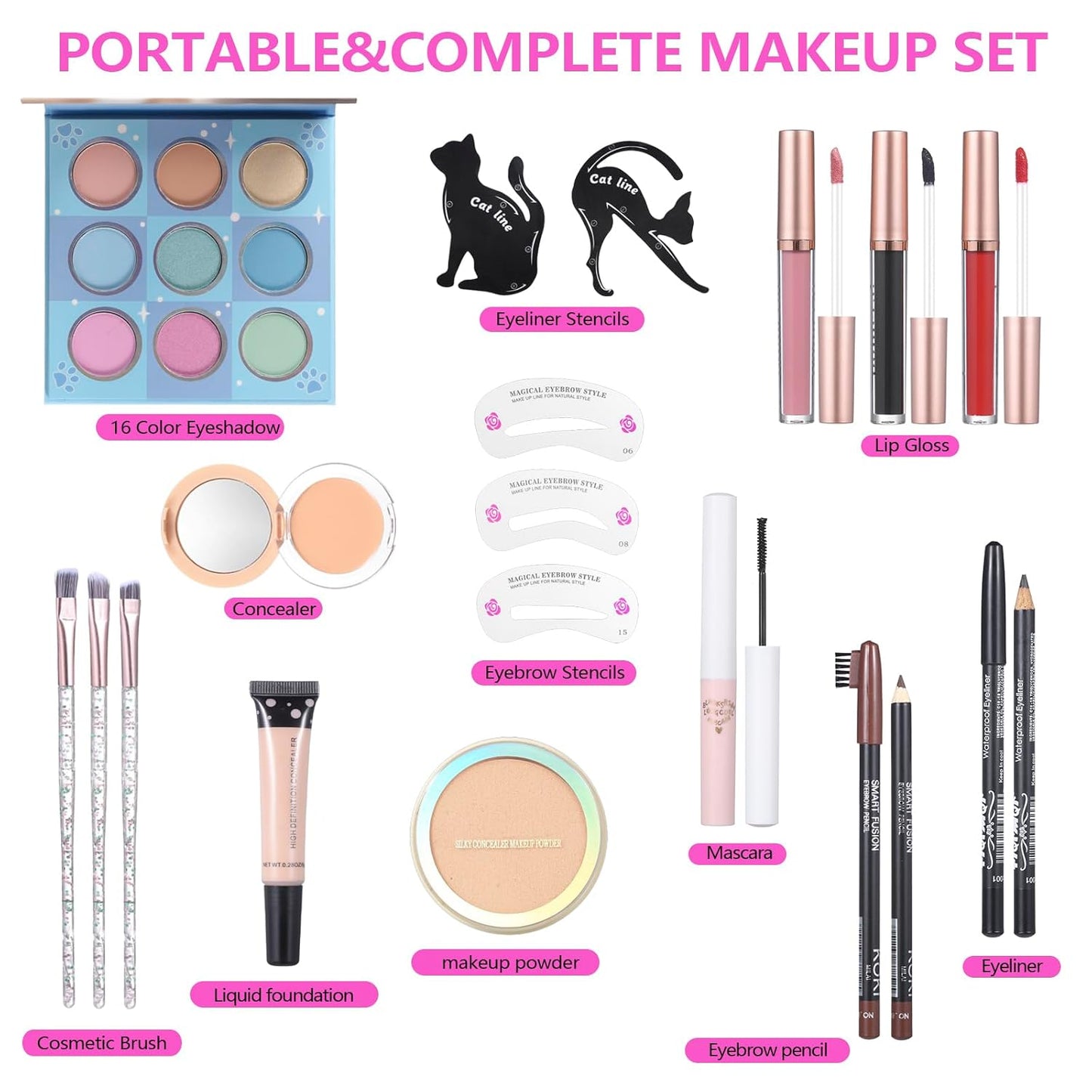 Makeup Kit Set For Teens, Make Up Gift For Women,Includes Eyeshadow Palette, Lip Gloss, Mascara, Eyeliner, Foundation, Concealer, Brushes Set (kit092)