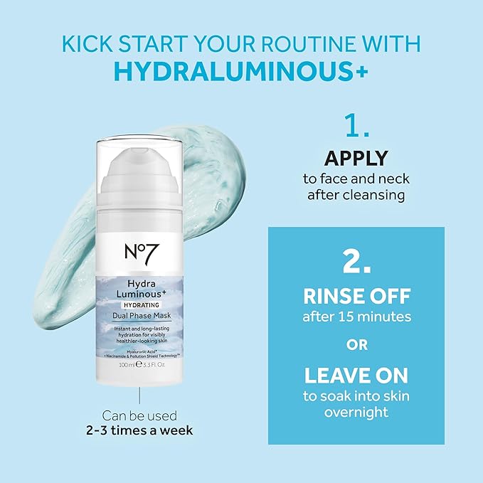 No7 HydraLuminous+ Hydrating Dual Phase Face Mask - Hyaluronic Acid Overnight Face Mask with Vitamin B3 Niacinamide for Skin Barrier Repair & Radiant-Looking Skin (3.5 Fl Oz)
