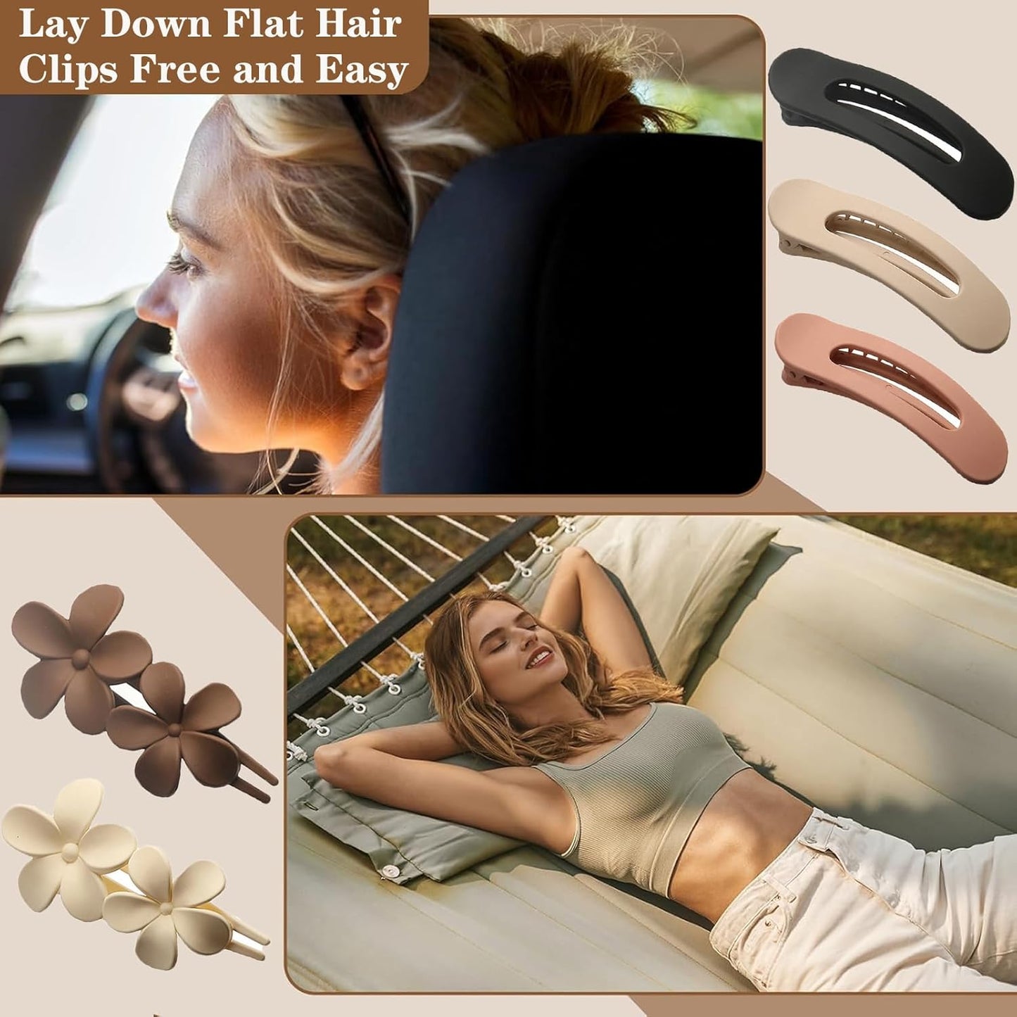 5 Pcs Flat Hair Clips, 2 Styles Large Lay Flat Claw Clips for Women Girls,Strong Hold Non-slip Matte Hair Claws for Thick Thin Hair(Brown&White)