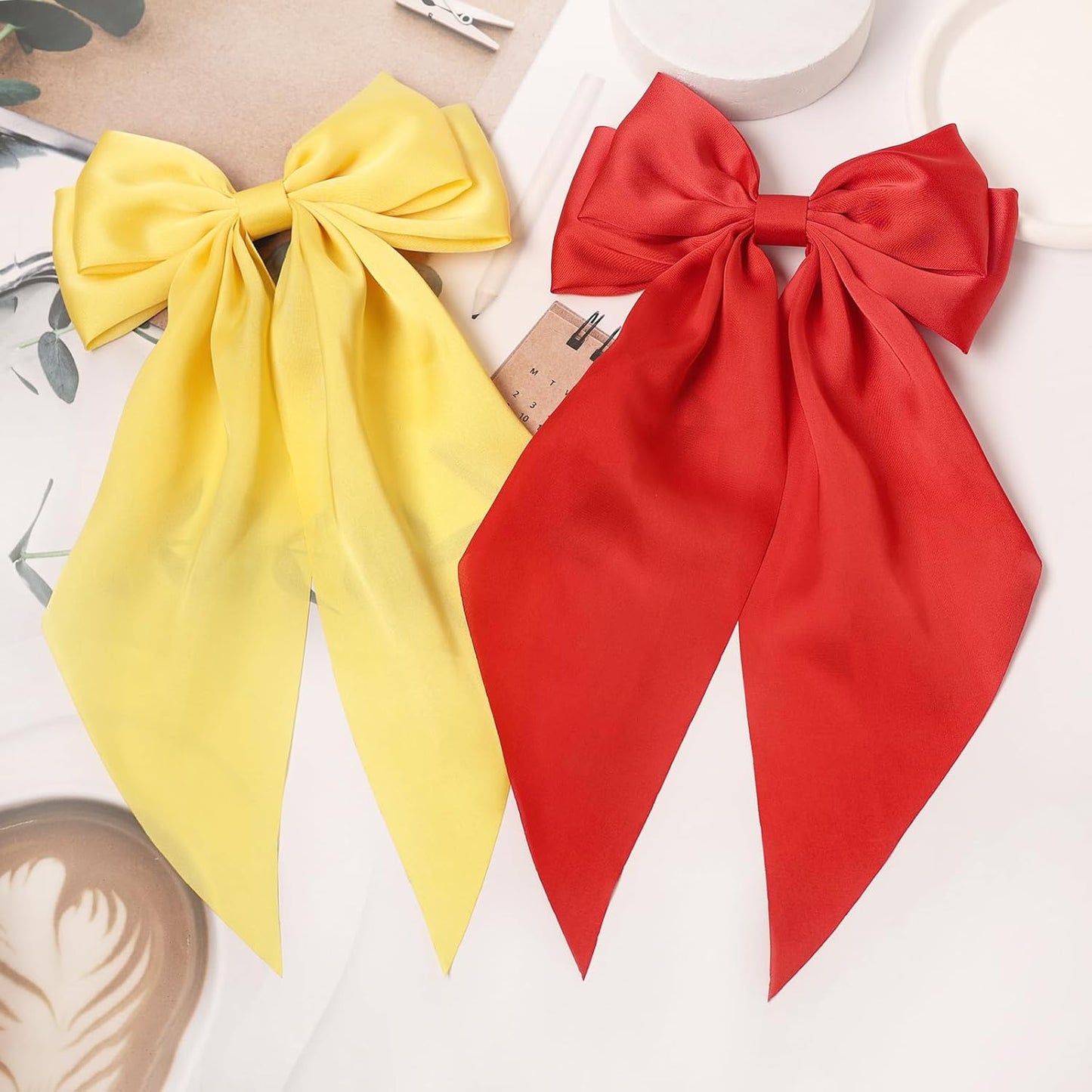 Furling Pompoms Hair Accessories: Large Satin Bow Clips with Long Tails and Alligator Clips for Women and Girls, 9pcs Colorful Bows